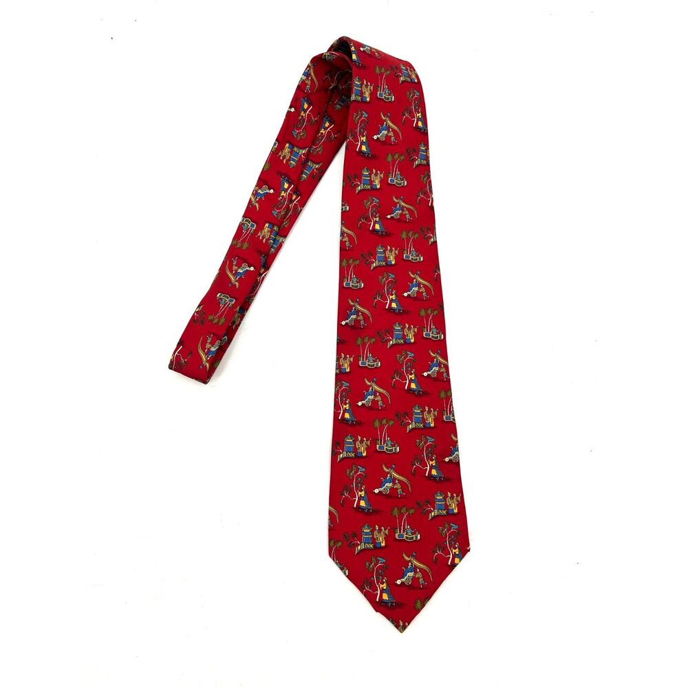 SALVATORE FERRAGAMO Red Chinoiserie Pagoda Rickshaw Print 100% Silk Tie Italy